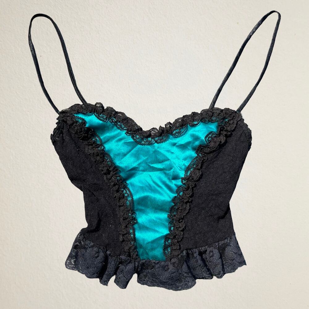 Vintage 80s black and blue nylon corset style camisole with lace trim whimsigoth